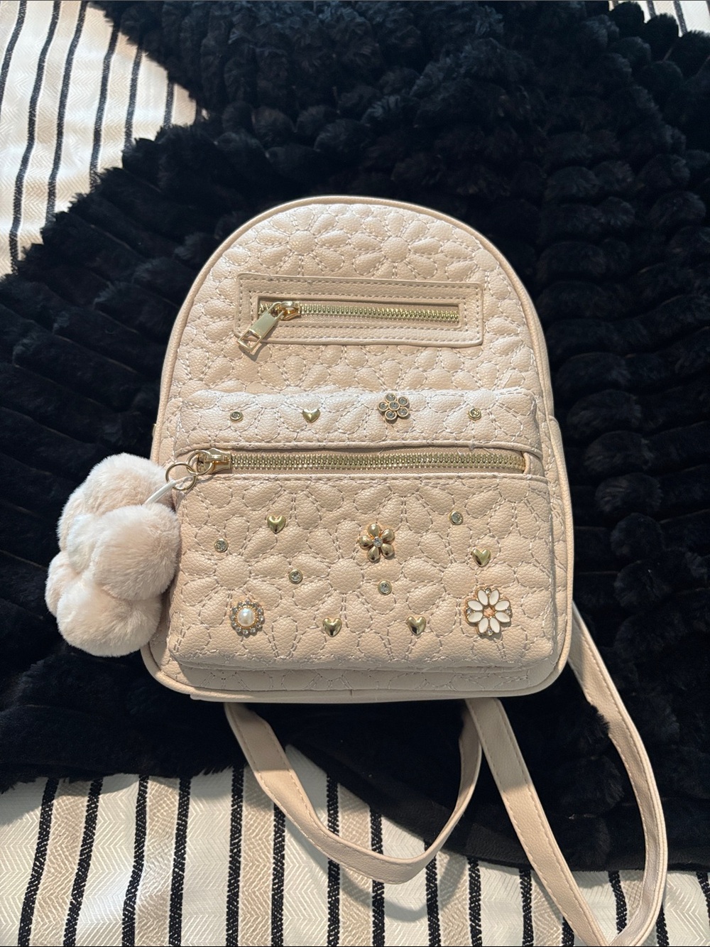 Quilted Cream Mini Backpack with Floral Studs